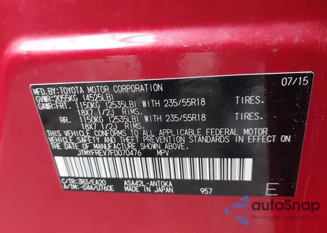 2015 Toyota Rav4 Limited z USA, uszkodzony, nr VIN JTMYFREV7FD070476